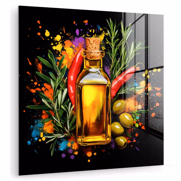 Glas schilderij - Olijfolie met Rozemarijn en Pepers