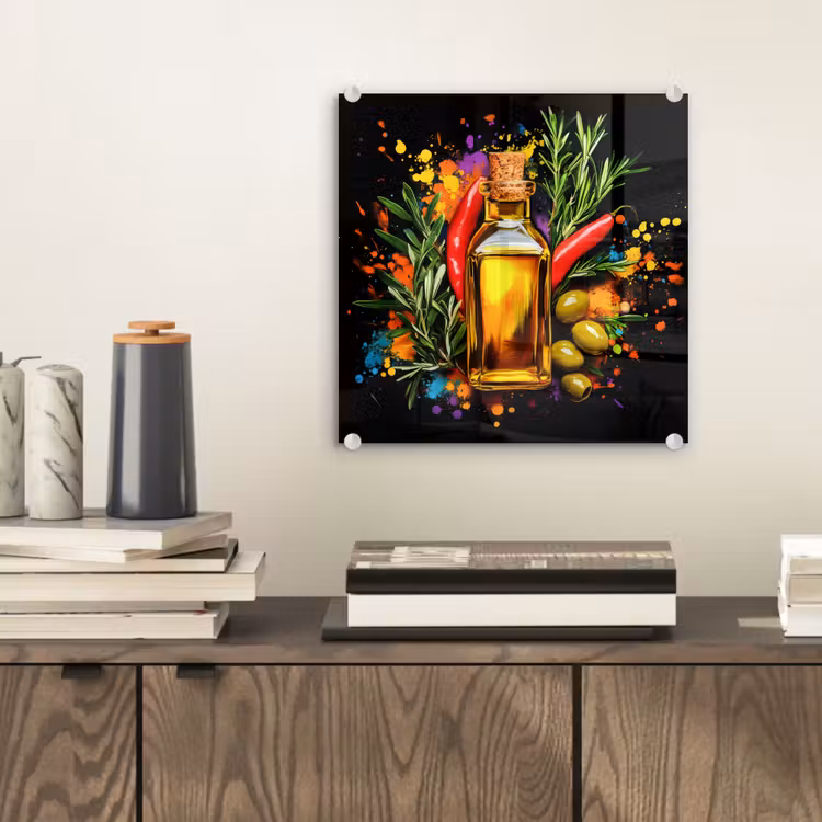 Glas schilderij - Olijfolie met Rozemarijn en Pepers — 2