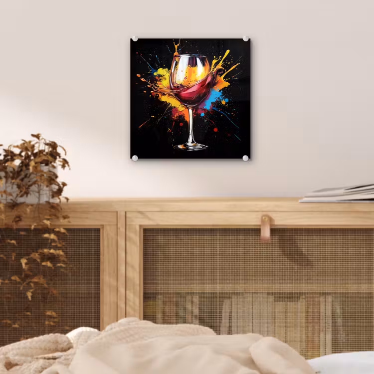 Glas schilderij - Wijnglas met Verfspetters — 5