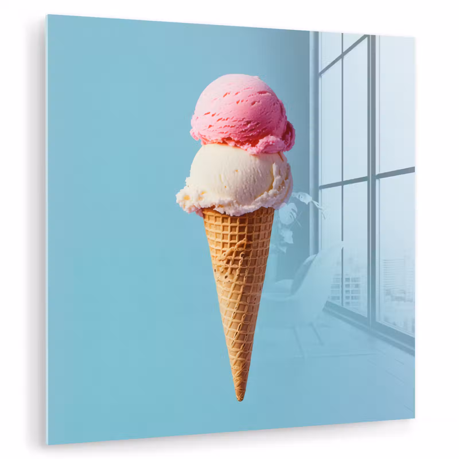 Glas schilderij - Bolletjes - Schepijs - Hoorntje - Blauw — 1