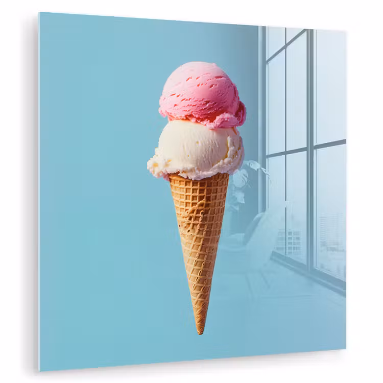 Glas schilderij - Bolletjes - Schepijs - Hoorntje - Blauw — 1