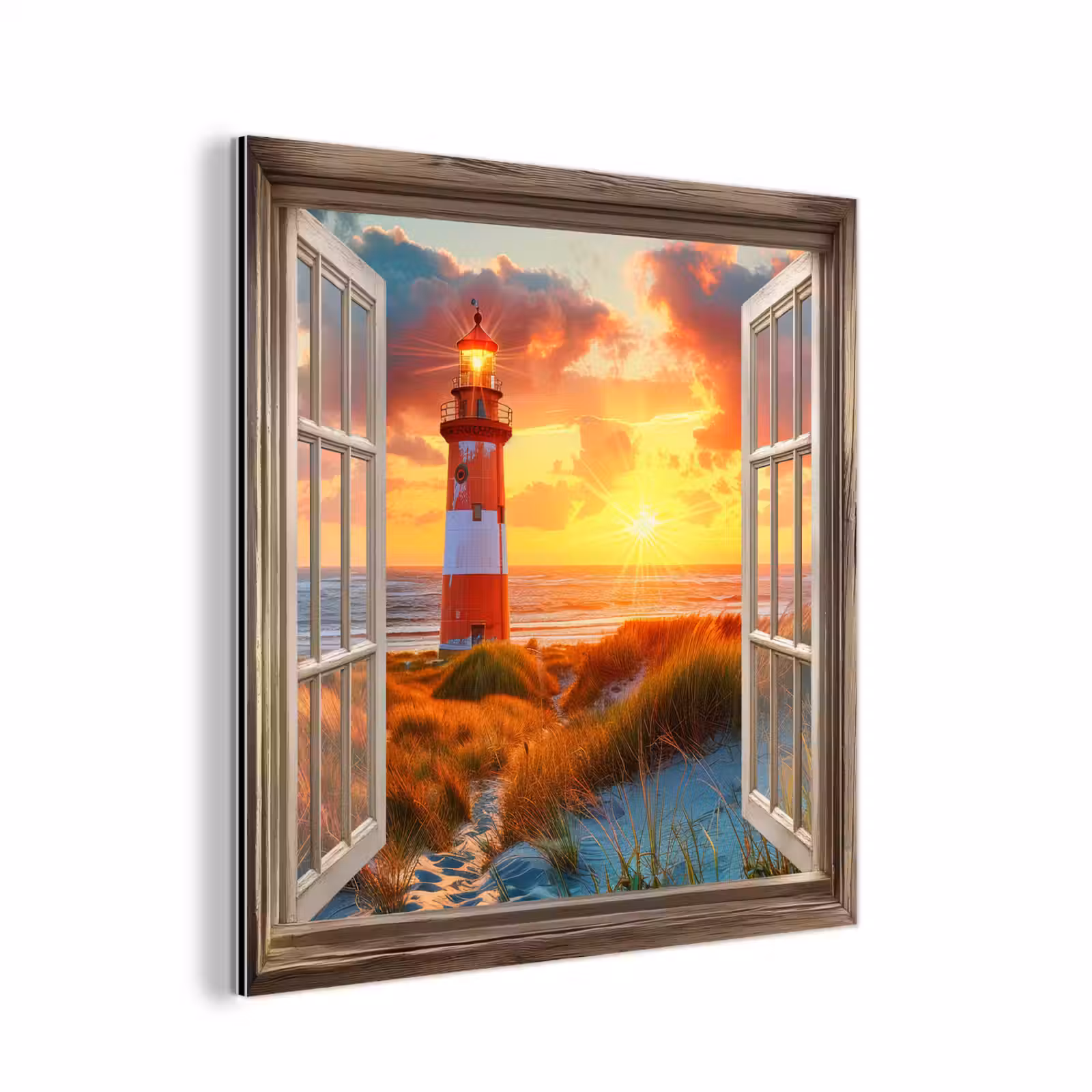 Aluminium schilderij - Doorkijk - Raam - Vuurtoren - Zonsondergang - Strand — 1