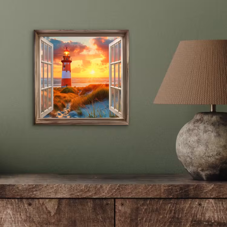 Aluminium schilderij - Doorkijk - Raam - Vuurtoren - Zonsondergang - Strand — 3
