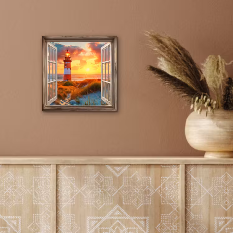 Aluminium schilderij - Doorkijk - Raam - Vuurtoren - Zonsondergang - Strand — 5