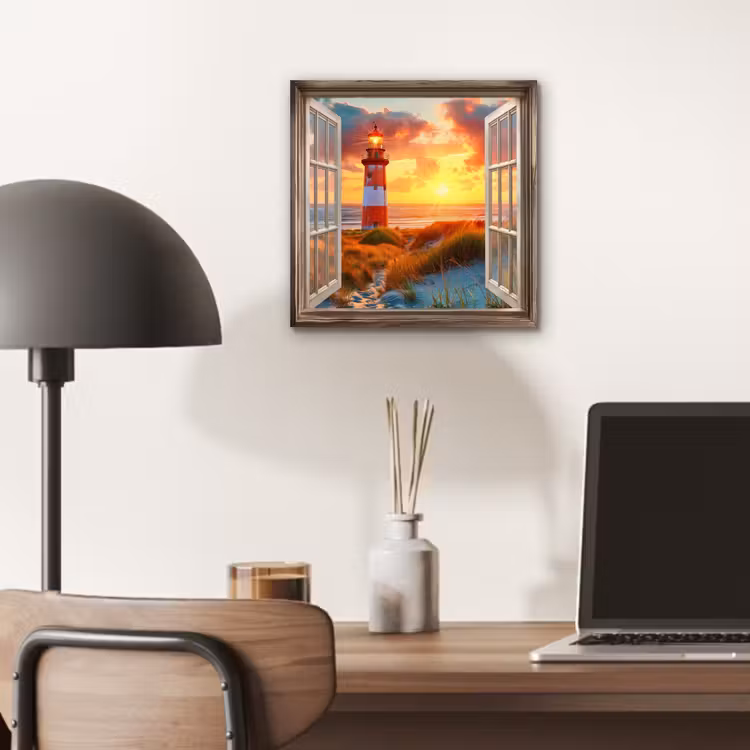 Aluminium schilderij - Doorkijk - Raam - Vuurtoren - Zonsondergang - Strand — 6
