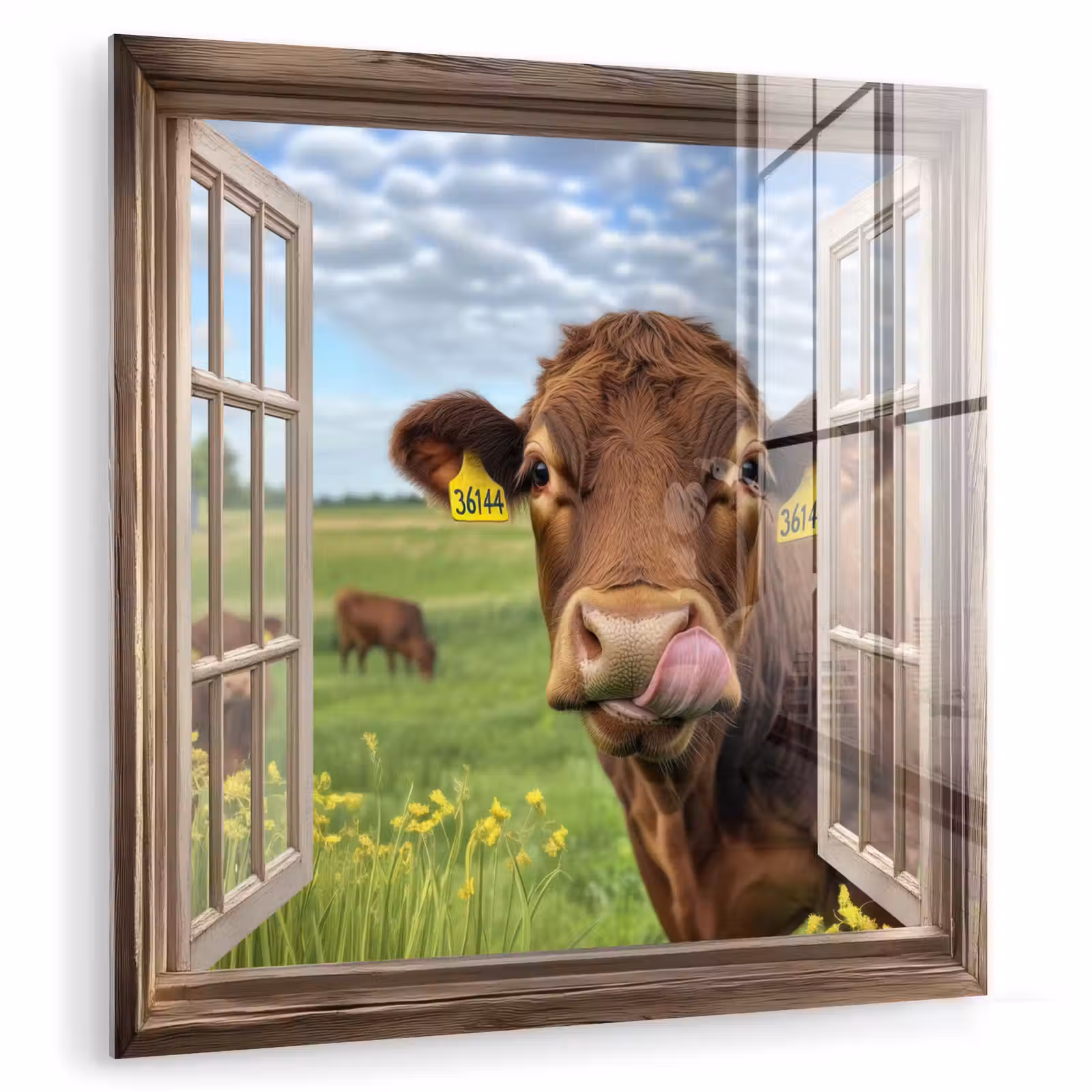 Glas schilderij - Doorkijk - Koe - Weiland - Landschap - Dieren — 1