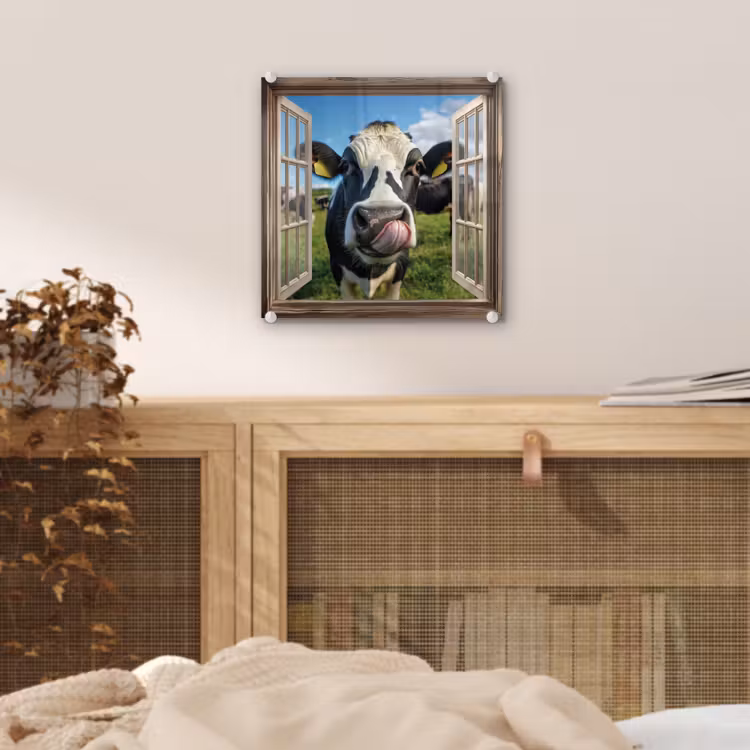 Glas schilderij - Doorkijk - Koe - Weiland - Dieren - Natuur — 5