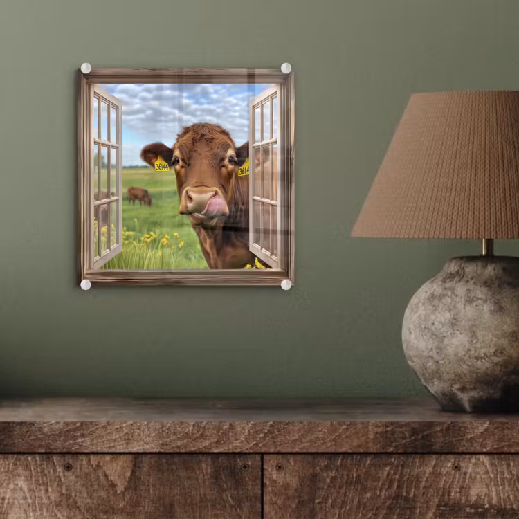 Glas schilderij - Doorkijk - Koe - Weiland - Landschap - Dieren — 4