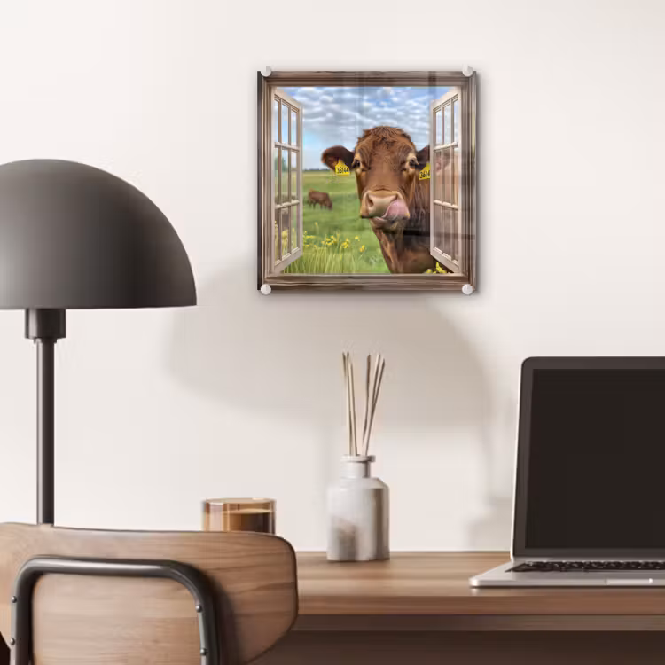 Glas schilderij - Doorkijk - Koe - Weiland - Landschap - Dieren — 7