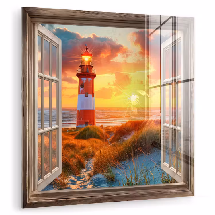 Glas schilderij - Doorkijk - Raam - Vuurtoren - Zonsondergang - Strand — 1