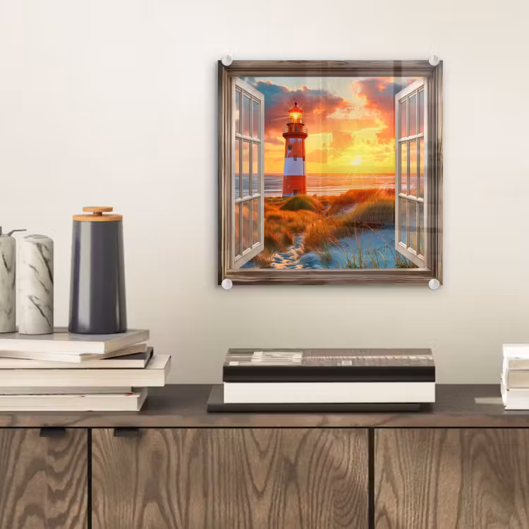 Glas schilderij - Doorkijk - Raam - Vuurtoren - Zonsondergang - Strand — 2