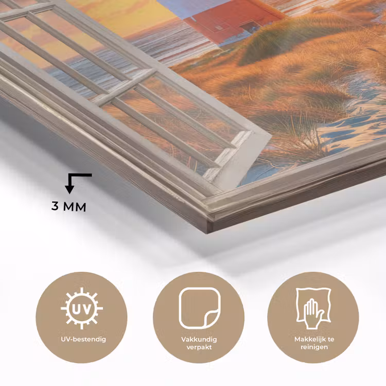 Glas schilderij - Doorkijk - Raam - Vuurtoren - Zonsondergang - Strand — 3