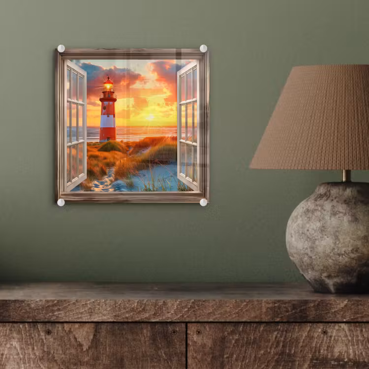 Glas schilderij - Doorkijk - Raam - Vuurtoren - Zonsondergang - Strand — 4