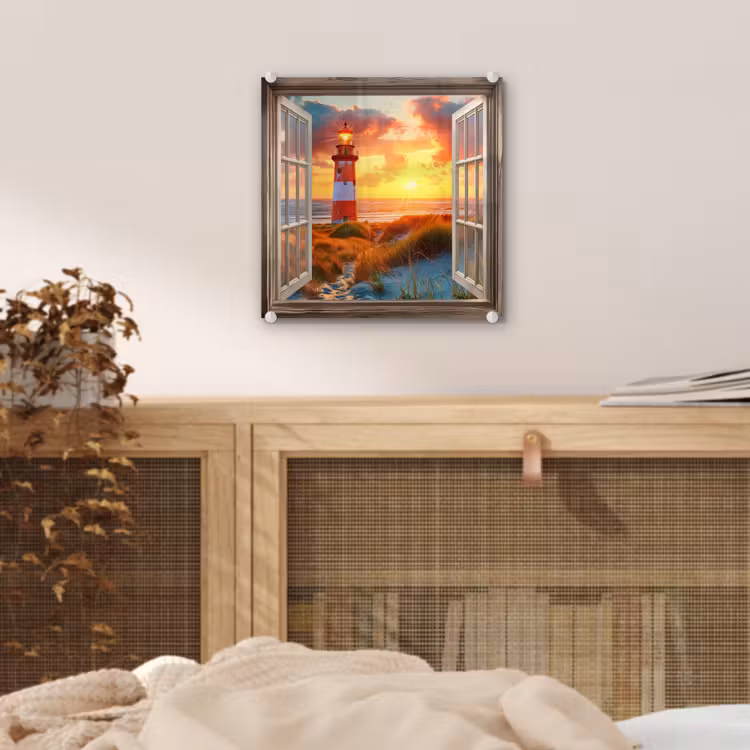 Glas schilderij - Doorkijk - Raam - Vuurtoren - Zonsondergang - Strand — 5