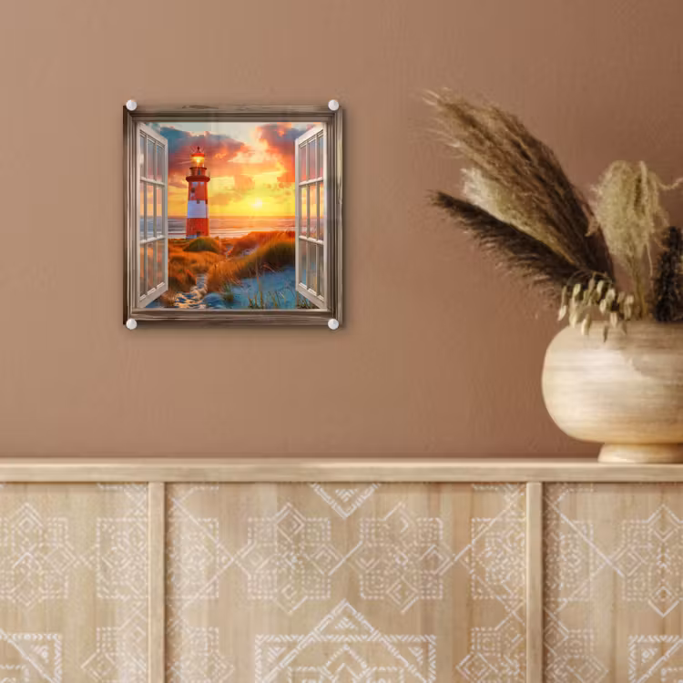 Glas schilderij - Doorkijk - Raam - Vuurtoren - Zonsondergang - Strand — 6