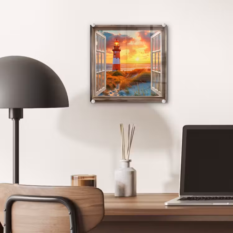 Glas schilderij - Doorkijk - Raam - Vuurtoren - Zonsondergang - Strand — 7