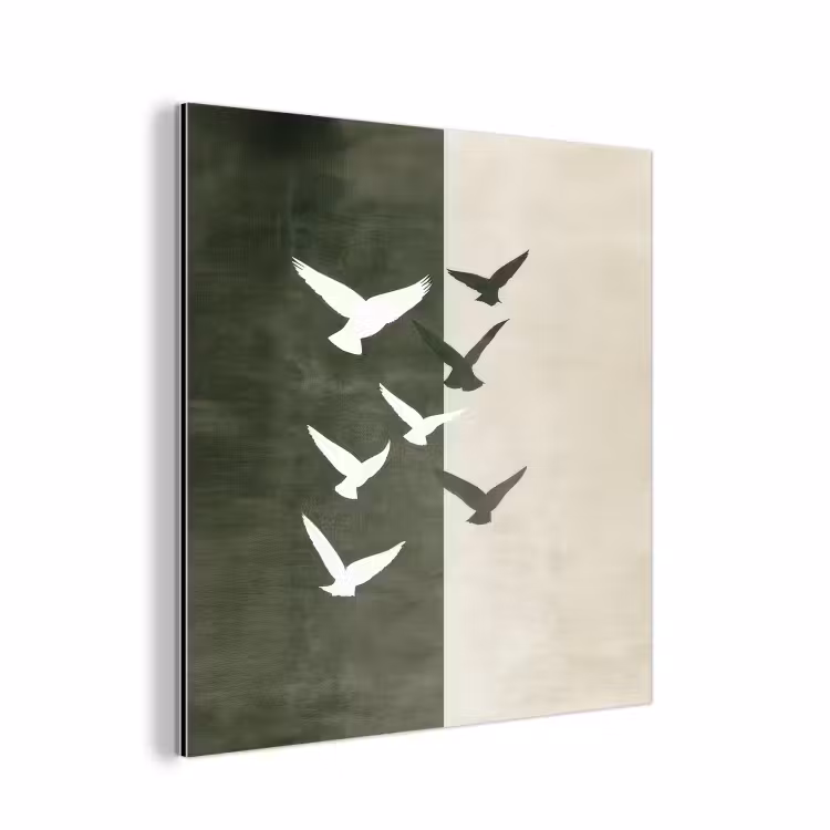 Aluminium schilderij - Vliegende Vogels Olijfgroen Beige