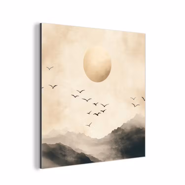 Aluminium schilderij - Bergen met Vogels en Zon Beige