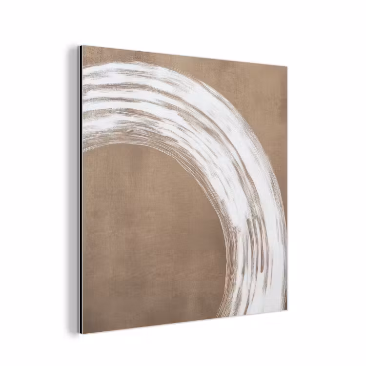 Aluminium schilderij - Penseelstreek Cirkel Wit Taupe