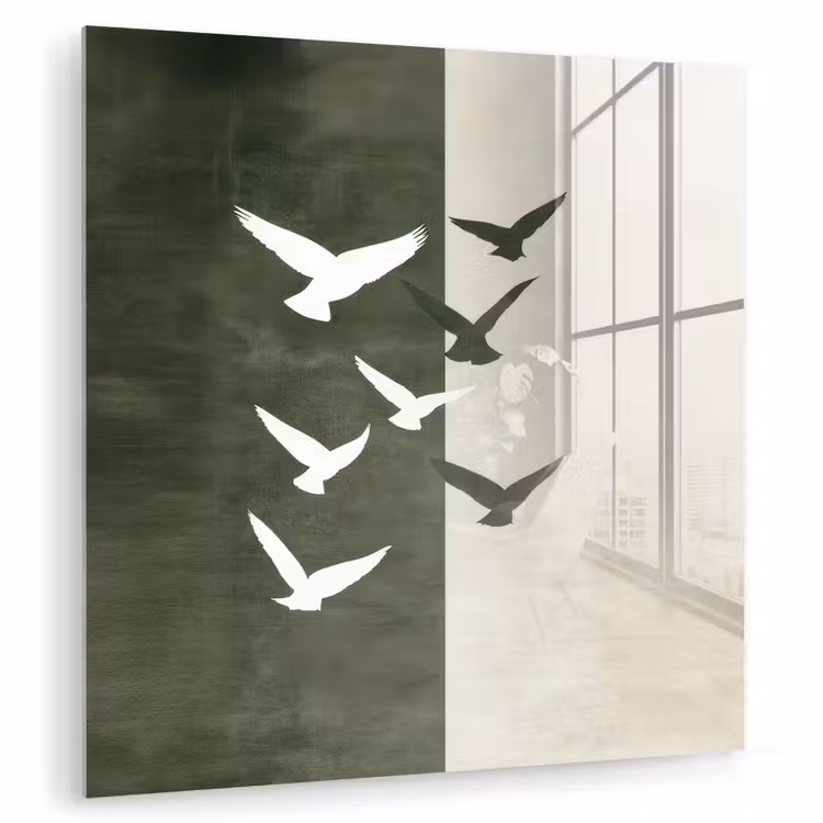 Glas schilderij - Vliegende Vogels Olijfgroen Beige