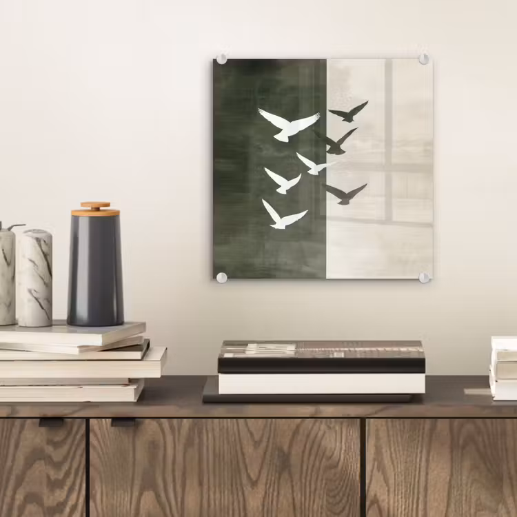 Glas schilderij - Vliegende Vogels Olijfgroen Beige — 2