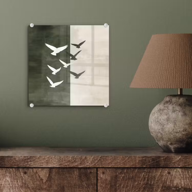 Glas schilderij - Vliegende Vogels Olijfgroen Beige — 4