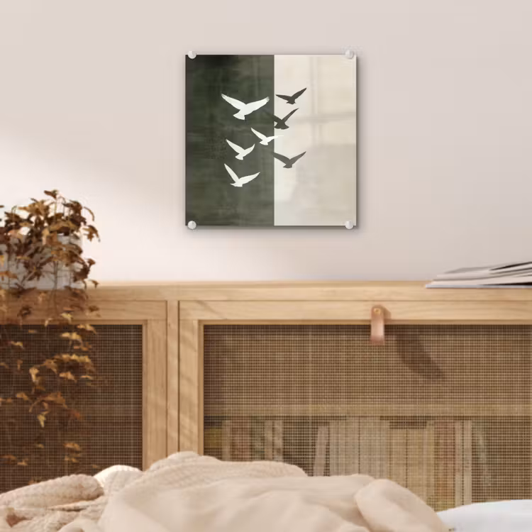 Glas schilderij - Vliegende Vogels Olijfgroen Beige — 5