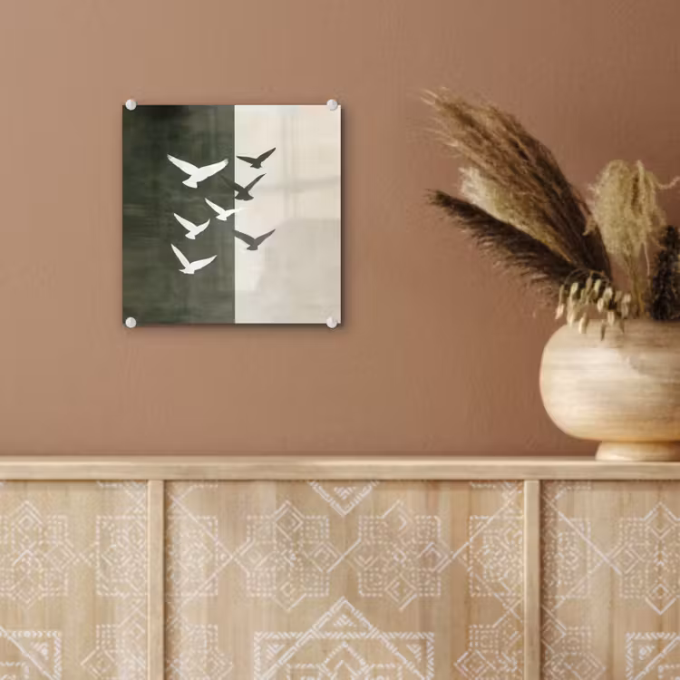 Glas schilderij - Vliegende Vogels Olijfgroen Beige — 6