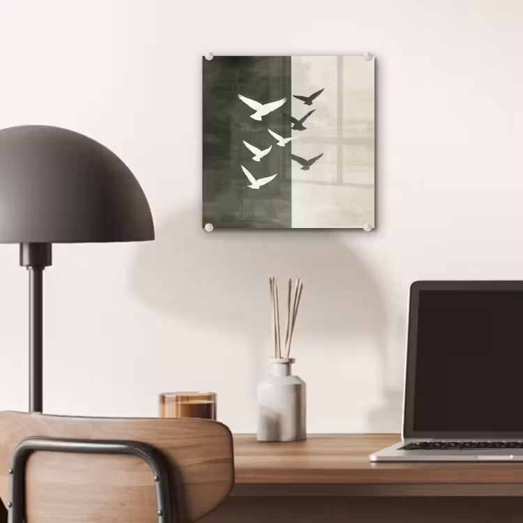 Glas schilderij - Vliegende Vogels Olijfgroen Beige — 7