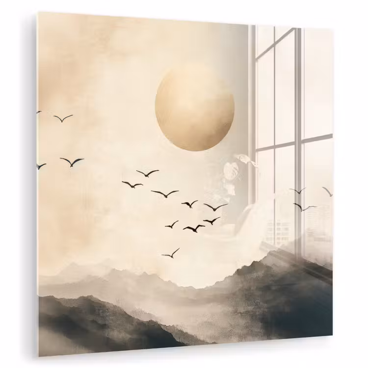 Glas schilderij - Bergen met Vogels en Zon Beige