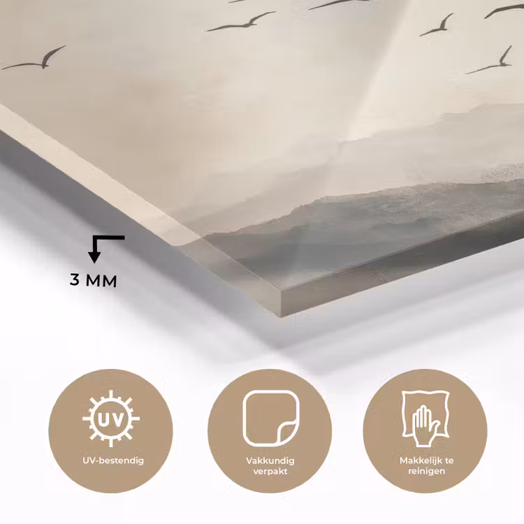 Glas schilderij - Bergen met Vogels en Zon Beige — 3