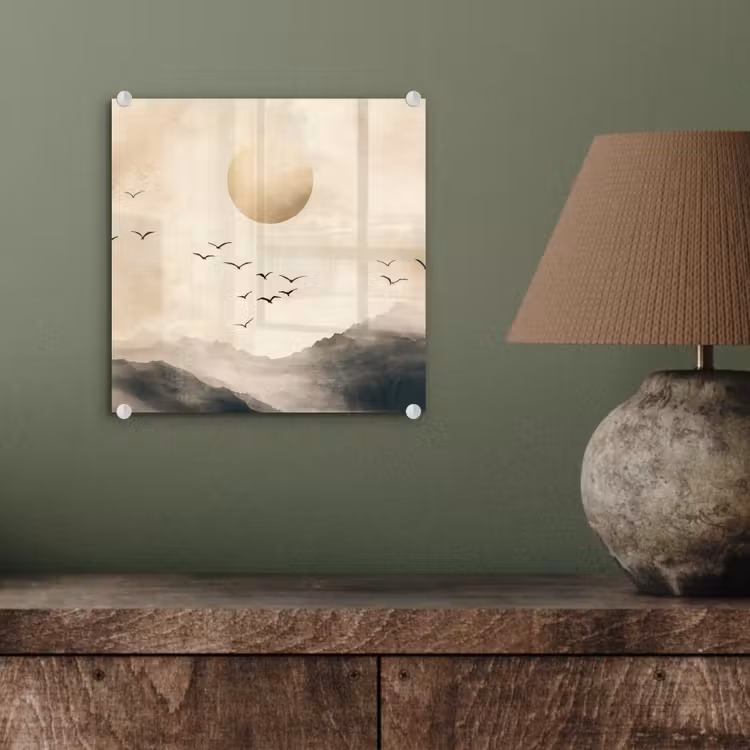Glas schilderij - Bergen met Vogels en Zon Beige — 4
