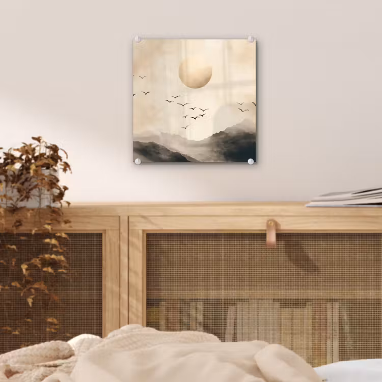 Glas schilderij - Bergen met Vogels en Zon Beige — 5