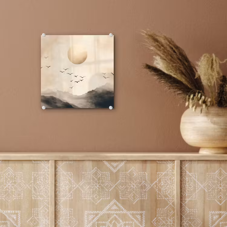Glas schilderij - Bergen met Vogels en Zon Beige — 6