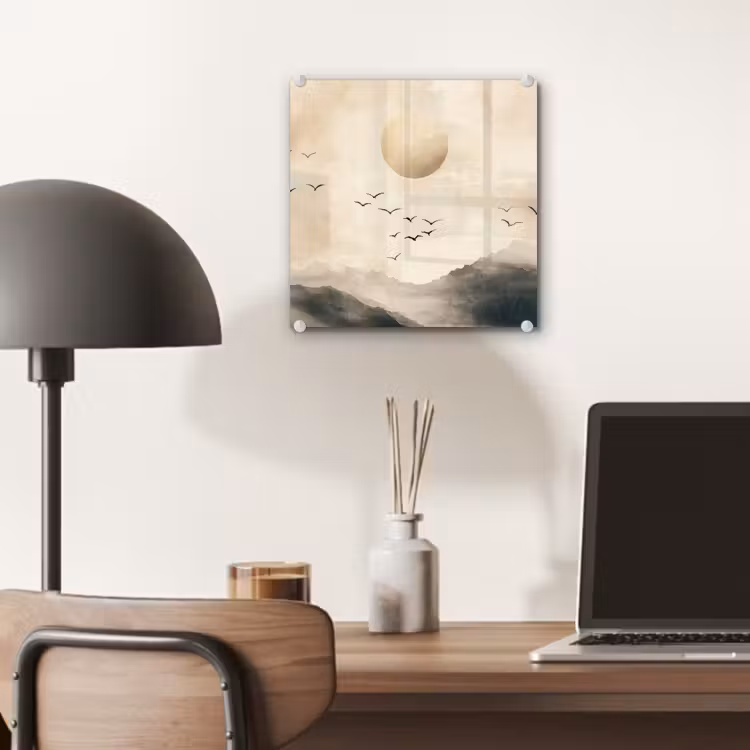 Glas schilderij - Bergen met Vogels en Zon Beige — 7