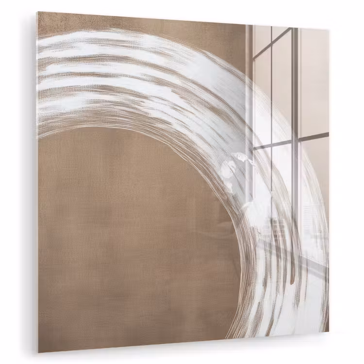 Glas schilderij - Penseelstreek Cirkel Wit Taupe