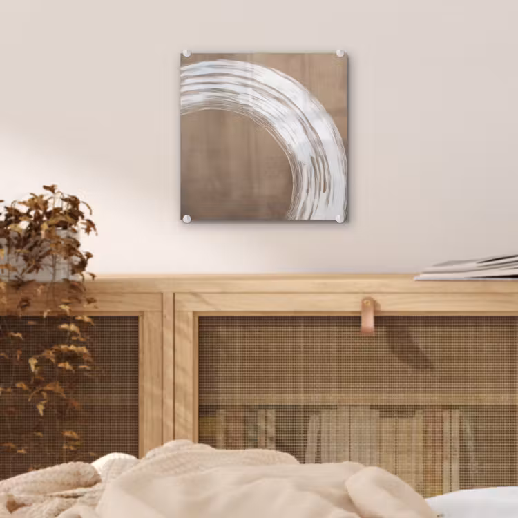 Glas schilderij - Penseelstreek Cirkel Wit Taupe — 5