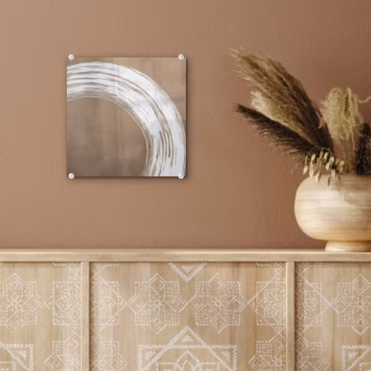 Glas schilderij - Penseelstreek Cirkel Wit Taupe — 6
