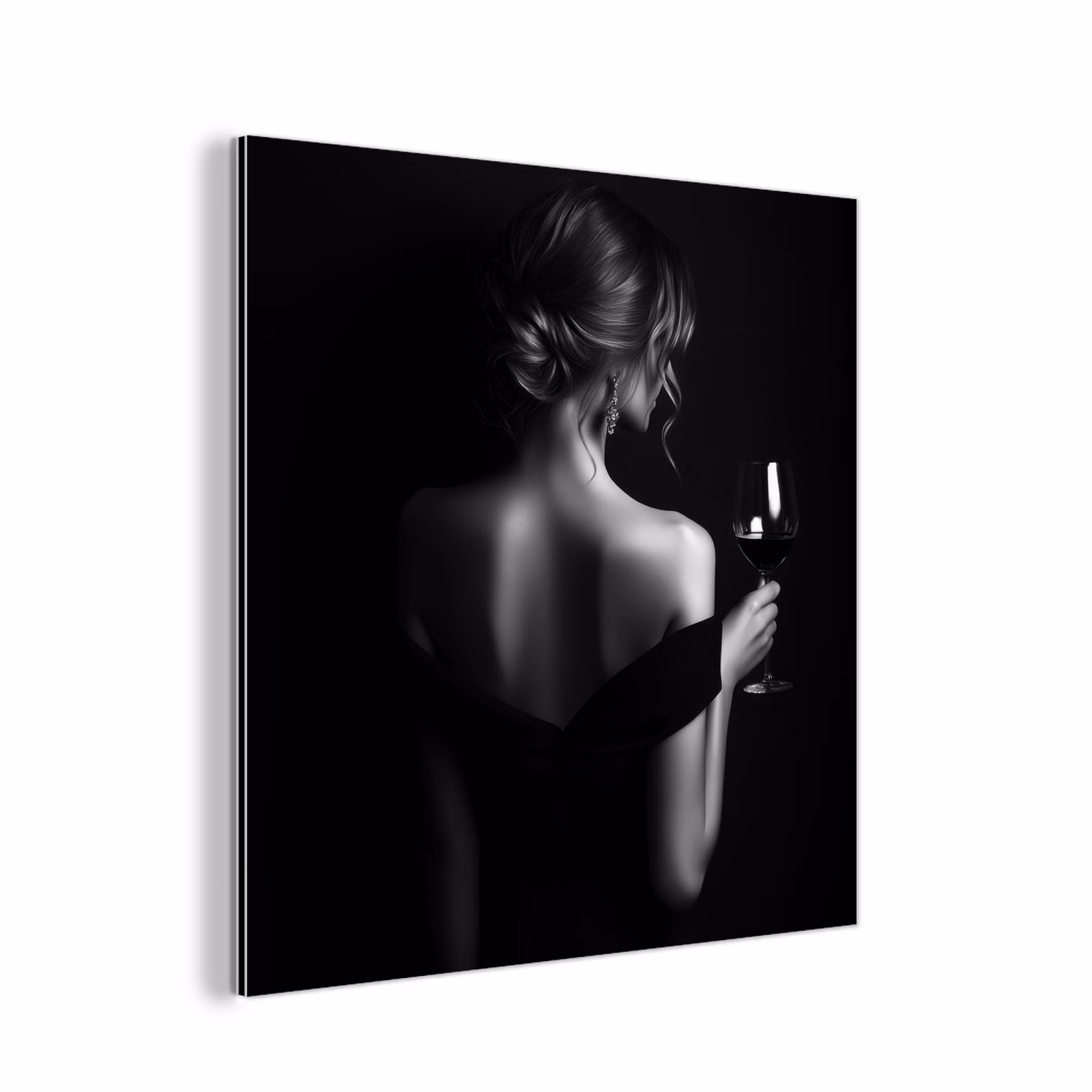 Aluminium schilderij - Vrouw met Wijnglas Zwart Wit — 1