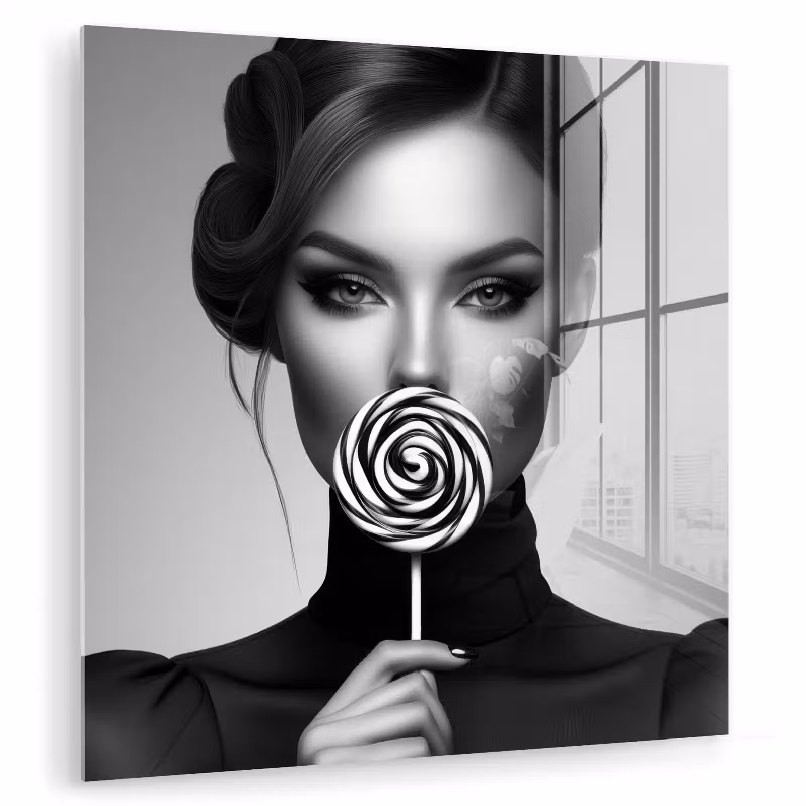 Glas schilderij - Vrouw - Lolly - Zwart — 1