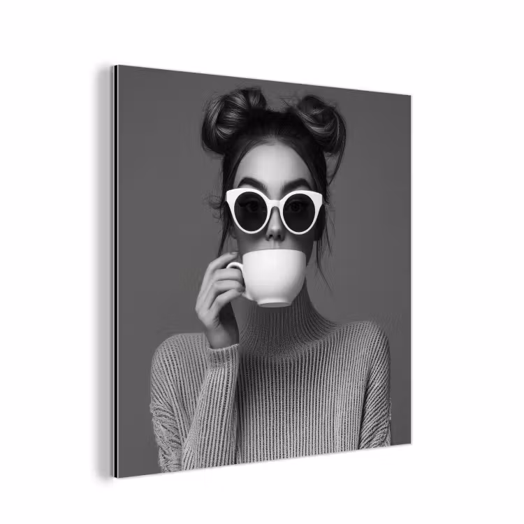 Aluminium schilderij - Vrouw - Koffie - Zwart - Wit