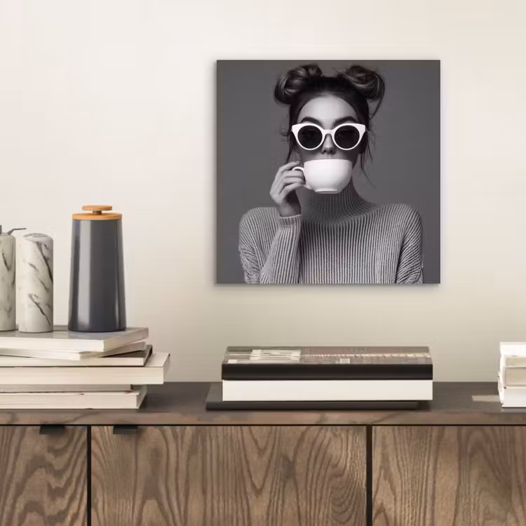 Aluminium schilderij - Vrouw met Zonnebril en Koffiekopje — 2