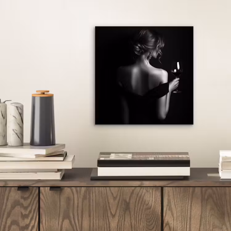 Aluminium schilderij - Vrouw met Wijnglas Zwart Wit — 2