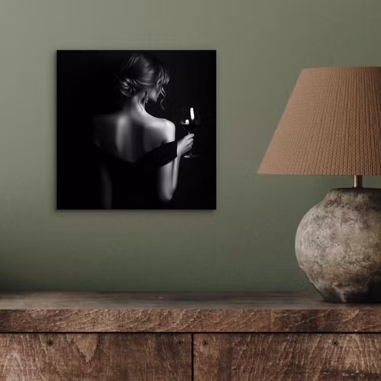 Aluminium schilderij - Vrouw met Wijnglas Zwart Wit — 3