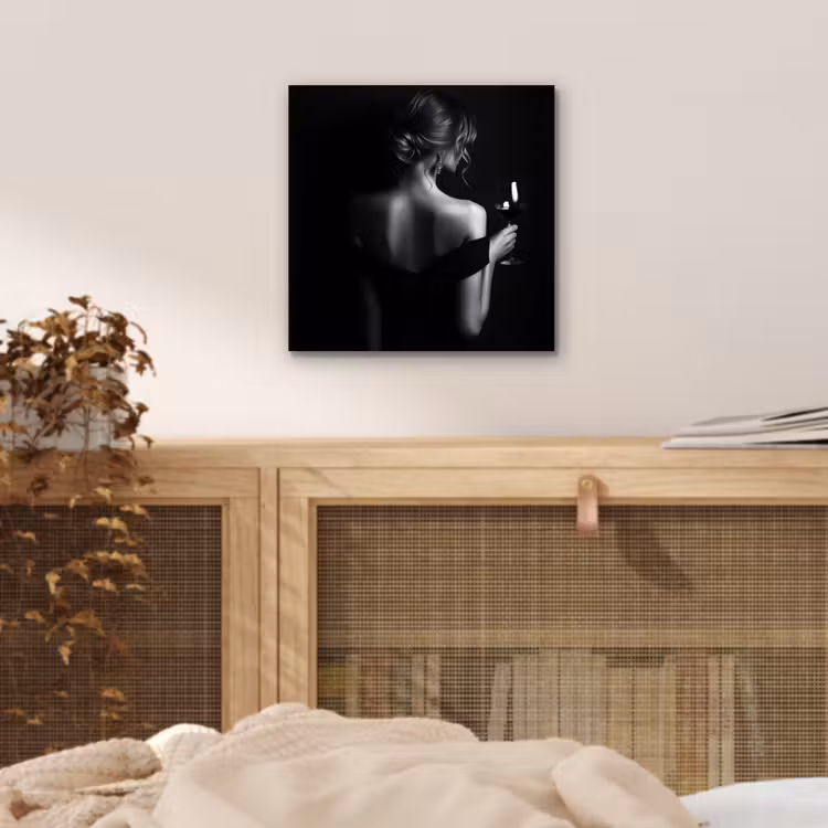 Aluminium schilderij - Vrouw met Wijnglas Zwart Wit — 4
