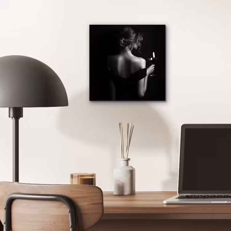 Aluminium schilderij - Vrouw met Wijnglas Zwart Wit — 6