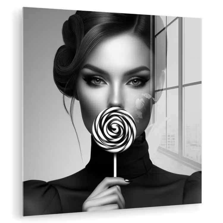 Glas schilderij - Vrouw - Lolly - Zwart — 1