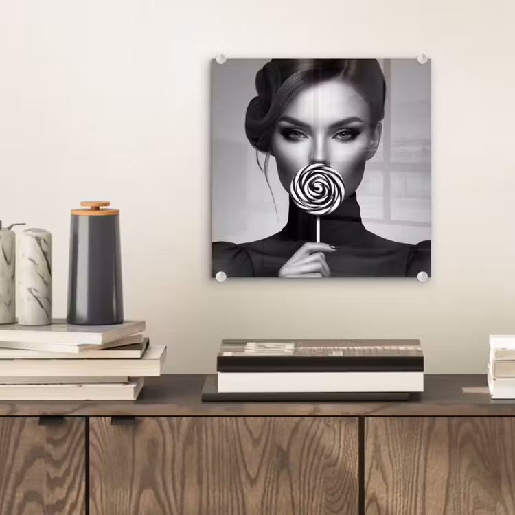 Glas schilderij - Vrouw - Lolly - Zwart — 2