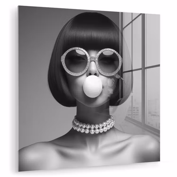 Glas schilderij - Vrouw - Zwart Wit - Ketting - Zonnebril — 1