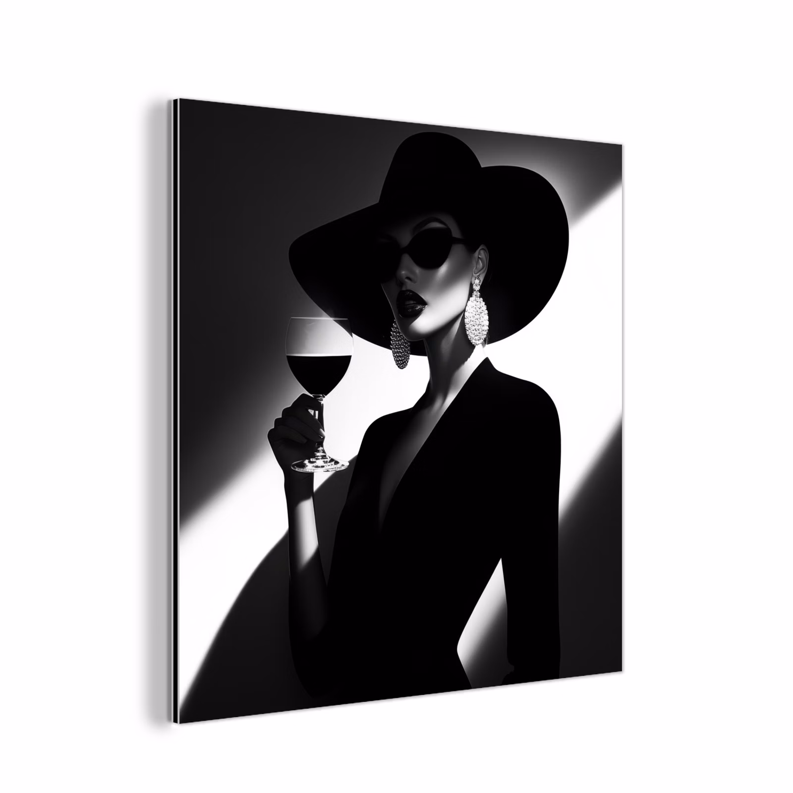 Aluminium schilderij - Vrouw met Hoed Wijnglas Zwart Wit — 1